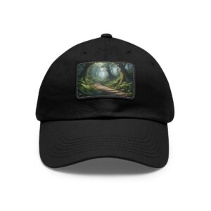 Dad Hat with rectangular patch displaying a mystical forest with sunlight filtering through the trees