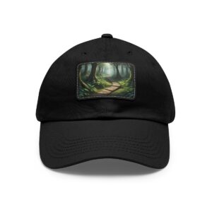 Dad Hat with rectangular patch displaying a mystical forest with sunlight filtering through the trees