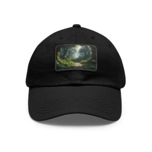 Dad Hat with rectangular patch featuring a serene forest path surrounded by tall trees