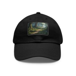 Dad Hat with rectangular patch featuring a serene forest path surrounded by tall trees