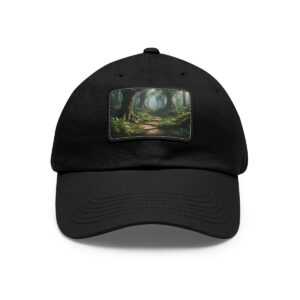 Dad Hat featuring a forest pathway patch, symbolizing nature exploration and tranquility.