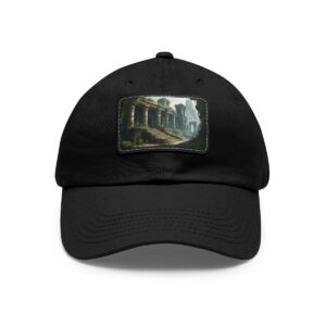 Dad Hat with rectangular patch depicting ancient ruins covered in greenery and bathed in sunlight