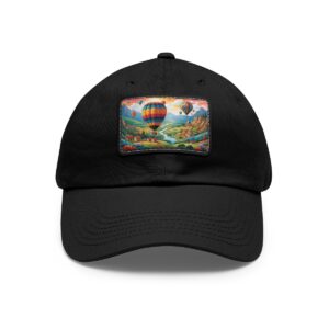 Dad Hat with rectangular patch featuring colorful hot air balloons floating over a vibrant landscape with hills and trees