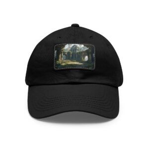 Dad Hat with rectangular patch featuring ancient temple ruins in a shaded, overgrown setting