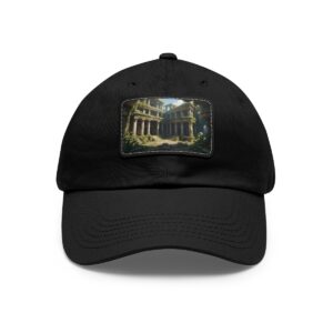 Dad Hat with rectangular patch featuring ancient temple ruins with sunlit columns and overgrown vegetation