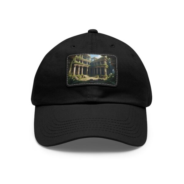 Dad Hat with rectangular patch featuring ancient temple ruins with sunlit columns and overgrown vegetation