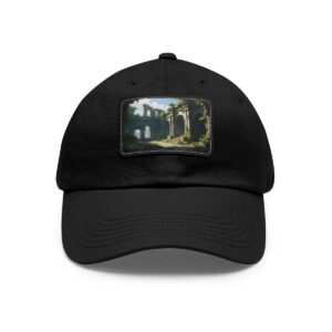 Dad Hat with rectangular patch featuring sunlit ancient arches and ruins surrounded by greenery