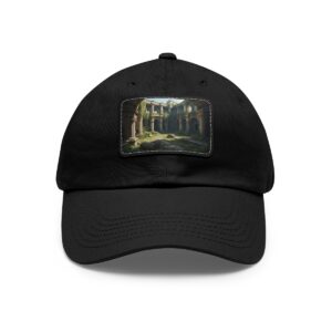 Dad Hat with rectangular patch depicting ancient ruins with sunlit arches and overgrown vegetation