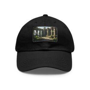 Dad Hat with rectangular patch depicting ancient ruins with sunlit arches and overgrown greenery