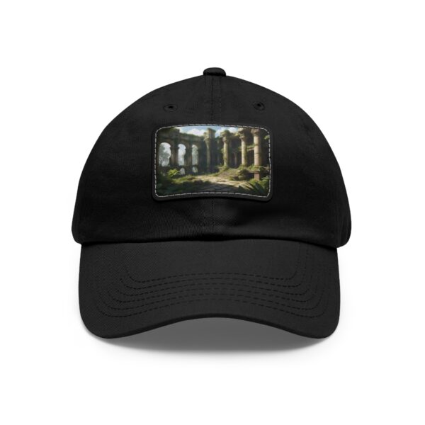 Dad Hat with rectangular patch depicting ancient ruins with sunlit arches and overgrown greenery