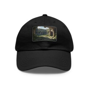 Dad Hat with rectangular patch depicting ancient ruins with sunlit arches and overgrown greenery