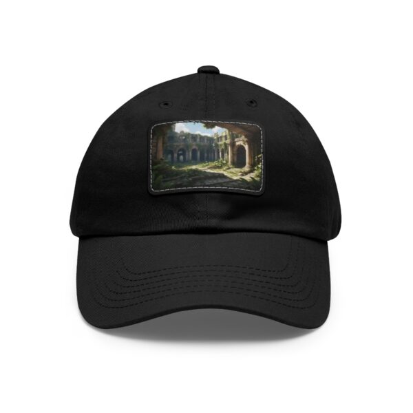 Dad Hat with rectangular patch depicting ancient ruins with sunlit arches and overgrown greenery