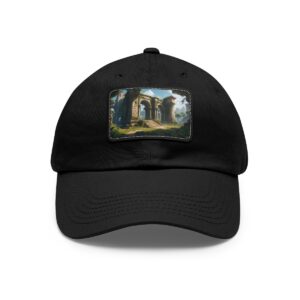 Dad Hat with rectangular patch featuring ancient stone arches surrounded by sunlight and greenery