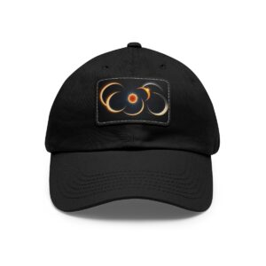 Dad Hat with stitched patch featuring an artistic design of multiple solar eclipses with glowing rings.