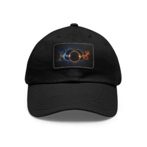 Dad Hat with stitched patch featuring a dynamic design of overlapping solar eclipses with glowing edges.