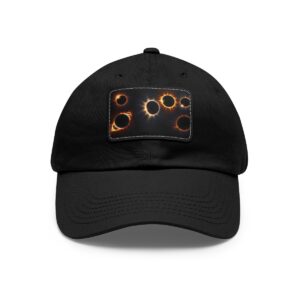 Dad Hat with stitched patch featuring a cosmic design of solar eclipses with glowing rings.