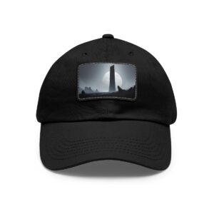 Dad Hat with stitched patch featuring a tall monument silhouette against a full moon in a night sky.