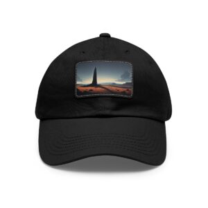 Dad Hat with stitched patch featuring a tall monument silhouette against a scenic sunset landscape.