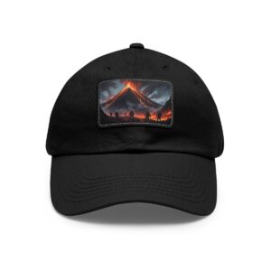 Dad Hat with rectangular patch featuring an erupting volcano with glowing lava and silhouetted figures in the foreground