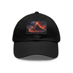 Dad Hat with rectangular patch featuring a dramatic erupting volcano with flowing lava against a fiery sky