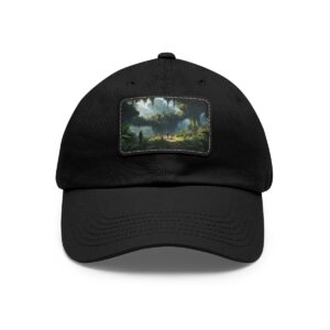 Dad Hat with rectangular patch depicting a sunlit forest clearing surrounded by towering trees