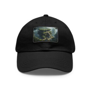 Dad Hat with rectangular patch featuring an ancient temple submerged in a misty, overgrown forest