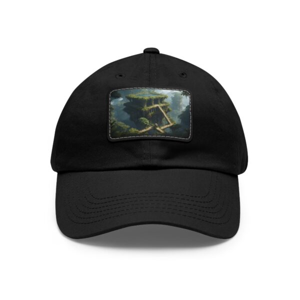 Dad Hat with rectangular patch featuring an ancient temple submerged in a misty, overgrown forest