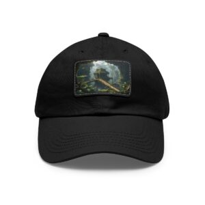 Dad Hat with rectangular patch featuring a mystical temple surrounded by lush greenery and soft light