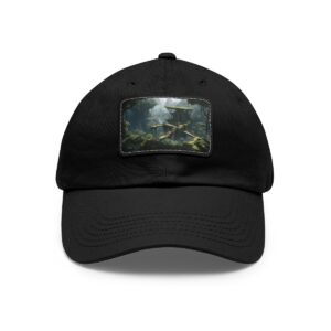 Dad Hat with rectangular patch featuring a fantastical landscape of floating platforms and misty light beams