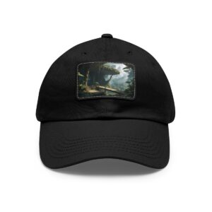 Dad Hat with rectangular patch featuring a mysterious forest scene with towering trees and mist