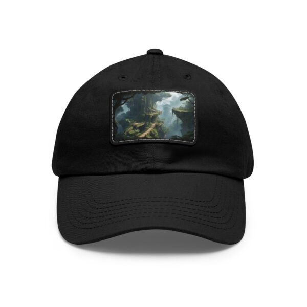 Dad Hat with rectangular patch featuring a dramatic landscape with rocky cliffs and a cloudy sky