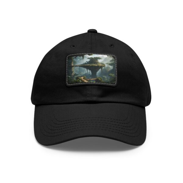 Dad Hat with rectangular patch showcasing a mystical landscape featuring floating islands in a lush forest