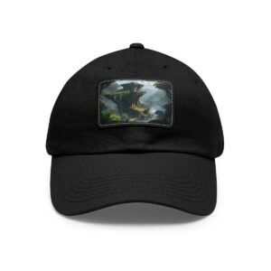 Dad Hat with rectangular patch featuring a serene nature landscape design, showing a misty forest with a winding river