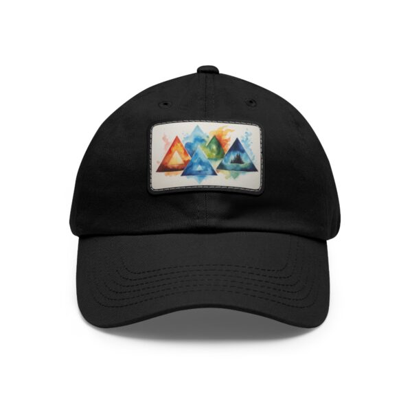 Dad Hat with stitched patch featuring a colorful geometric mountain design in red, blue, and green tones.