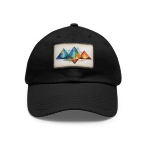 Dad Hat with stitched patch featuring a colorful geometric mountain design with blue, orange, and red tones.