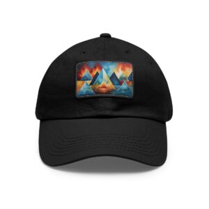 Dad Hat with stitched patch featuring a vibrant geometric mountain design with bold, fiery colors.