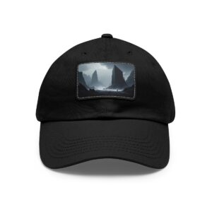 Dad Hat with stitched patch featuring a misty mountain landscape with towering peaks at dawn.