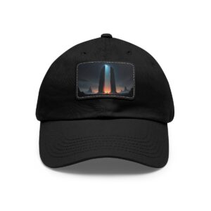 Dad Hat with stitched patch featuring a towering monument illuminated by a mysterious light against a dark, dramatic sky.