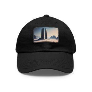 Dad Hat with stitched patch featuring two towering monuments against a serene mountain landscape at dawn.