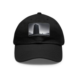 Dad Hat with stitched patch featuring a tall monument silhouette against a foggy, moonlit landscape.