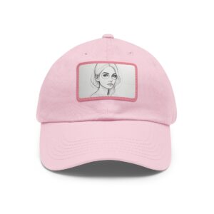 Dad Hat with rectangular patch featuring a minimalist line drawing of a woman's face in a poised profile