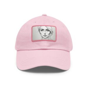 Dad Hat with rectangular patch featuring a minimalist line drawing of a woman's face with a confident expression