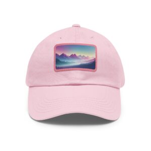 Dad Hat with stitched patch featuring a pastel-colored mountain landscape with a gradient sky.