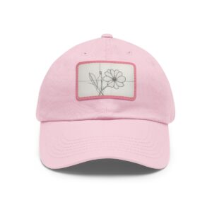 Dad Hat with stitched patch featuring a minimalist line drawing of a single flower with geometric lines.