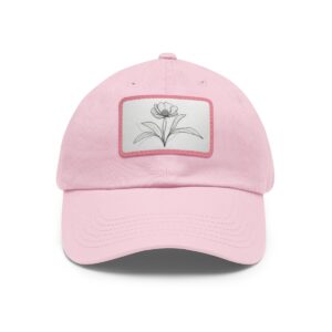 Dad Hat with stitched patch featuring a minimalist line drawing of a single flower with leaves.