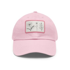 Dad Hat with stitched patch featuring minimalist line drawings of three different flowers.