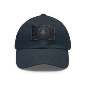 Dad Hat featuring a compass with a galaxy background patch, symbolizing cosmic exploration and direction.