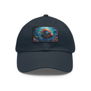 Navy dad hat with a vibrant leather patch depicting an underwater ecosystem.