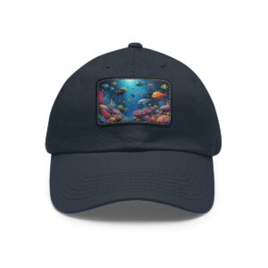 Navy dad hat with a leather patch depicting a colorful reef and marine life.