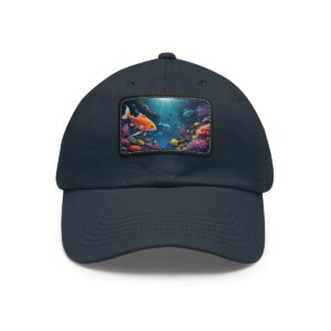 Navy dad hat with an underwater coral reef scene on a leather patch.